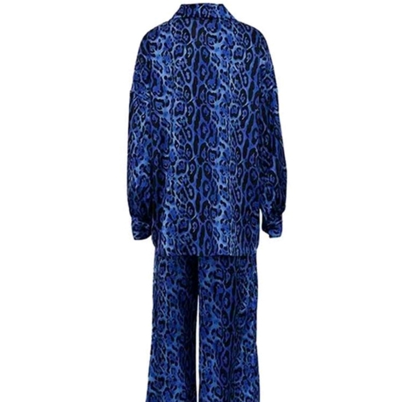 2pcs Women's Leopard Print Collar Long Sleeve Top And Pants Casual Suit - Picture 2 of 3